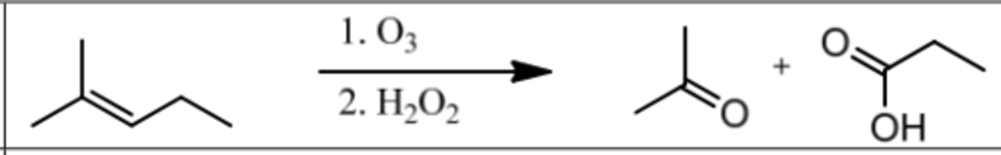 <p>Reagents: 1. O₃</p><p>2. H₂O₂ (Peroxide)</p><p>What's Added: Cleave double bond and add OH to less substituted C.</p>