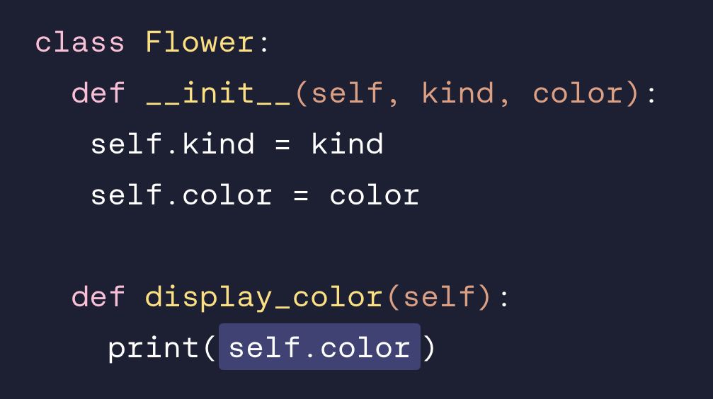 <p>How do we call the display_color function defined inside the Flower class?</p>