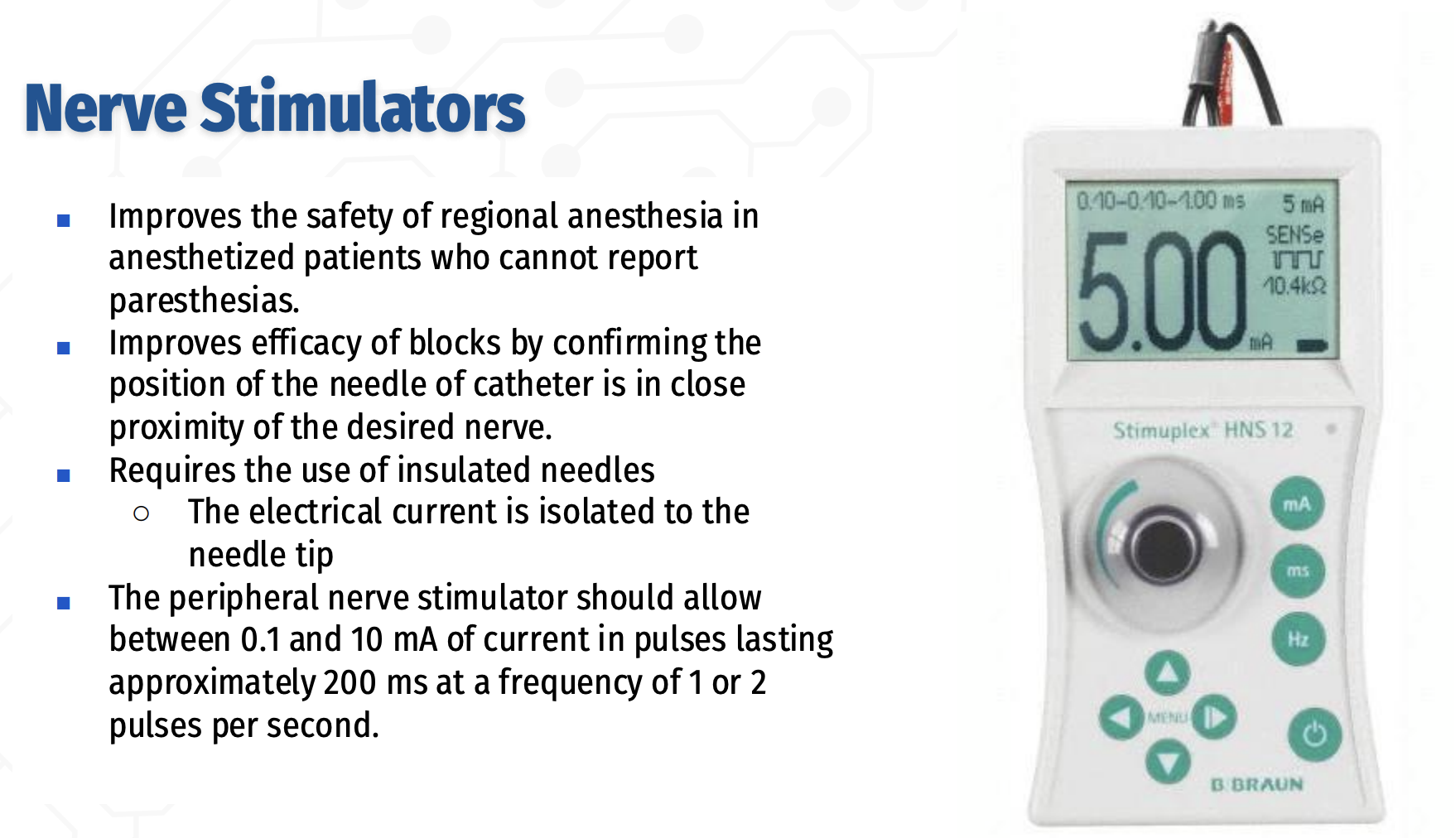 <p><strong>Q:</strong> What are the key numerical settings for a peripheral nerve stimulator used in regional anesthesia?</p>