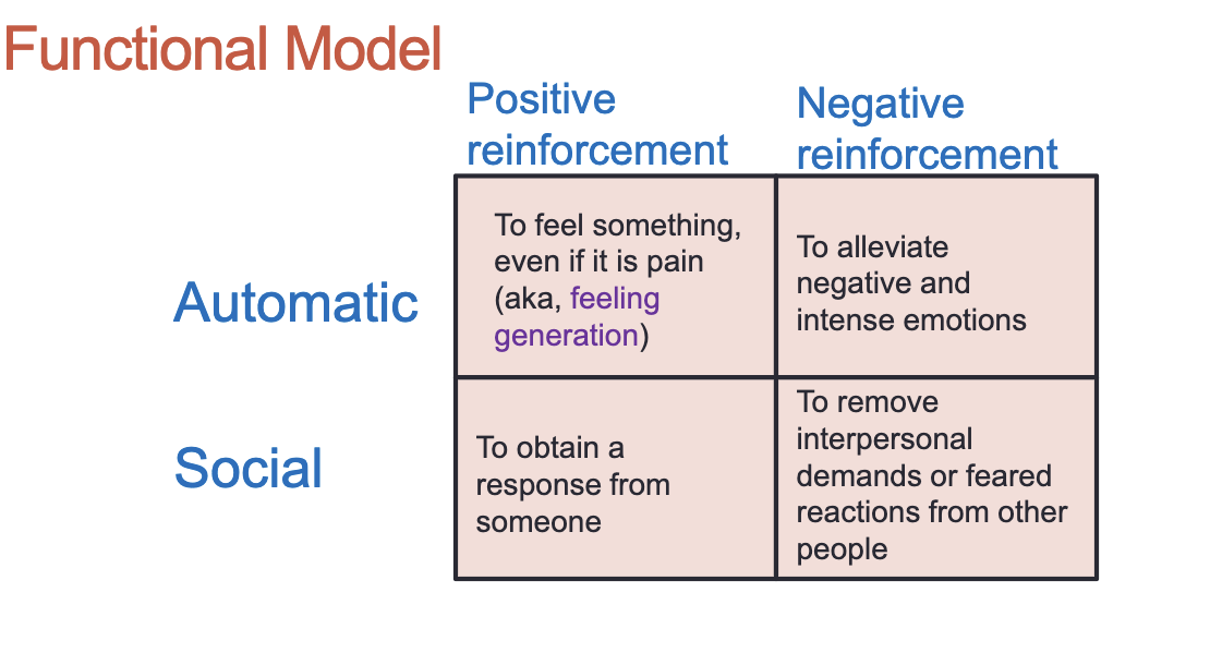 <ul><li><p>automatic: to gain reinforcement by accomplishing something within oneself </p></li><li><p>social: to gain reinforcement by accomplishing something in relation to another person  </p></li><li><p>the most common is automatic negative reinforcment</p></li></ul><p></p>