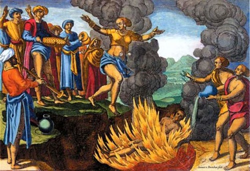 <p>a hindu practice where the widow of a fallen husband followed him to death by throwing herself on his funeral pyre.</p>