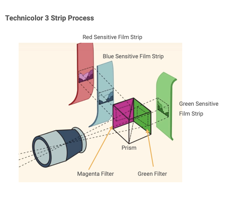   	 		 		 	 	 		

The Technicolor three-strip process included a beam splitter and prism to expose three separate strips of black and white film. 

 Color Film Layers 


1. Clear protective layer
2. Blue Sensitive Halide Layer
3. Yellow Filter
4. Green Sensitive 
5. Red Filter
6. Red Sensitive Halide Layer
7. Base Layer