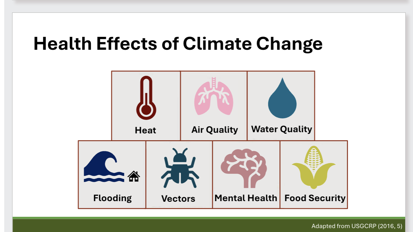 <p>Explain the mechanisms through which climate change affects human health and identify several health impacts of climate change</p>