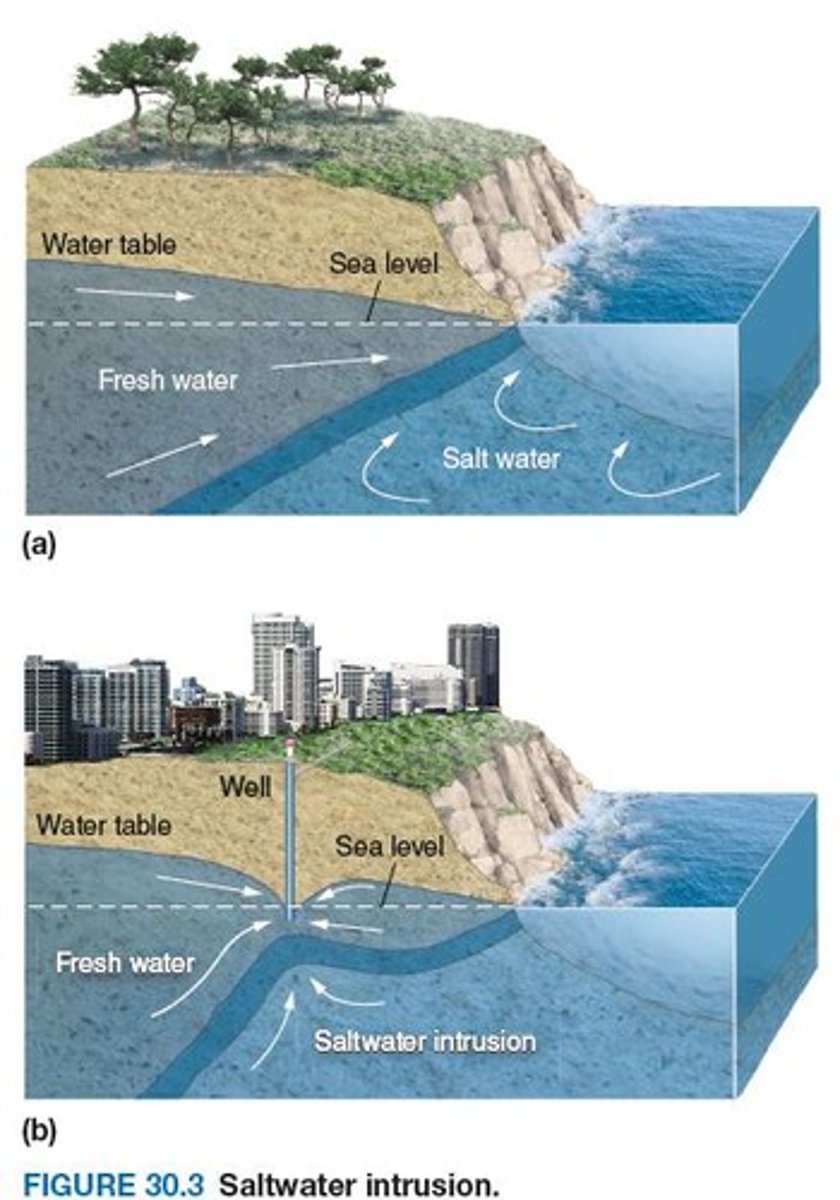 <p>Invasion of saltwater into freshwater aquifers.</p>