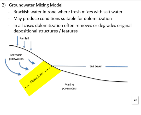 <p>Freshwater is mixed with up to 30% marine water and brakish groundwater is produced. May be conductive to the production of dolomite within the mixing zone.</p>