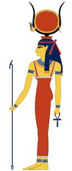 Beautiful woman w/ sun disc and horn of a cow

Role: Goddess of love, beauty, music, dancing; Protector of children and birth