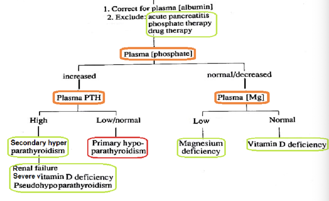 <p>total [Ca<sup>2+</sup>] &amp; iCa<sup>2+</sup> low. critical (panic): total [Ca<sup>2+</sup>] &lt; 6mg/dL. mild to life-threatening. arrhythmias &amp; cardiac arrest. neuromuscular irritability (major): neurologic excitability, tetany. impaired intellectual functioning, psychoses, convulsions if severe. osteoporosis &amp; pathologic fractures if chronic</p>