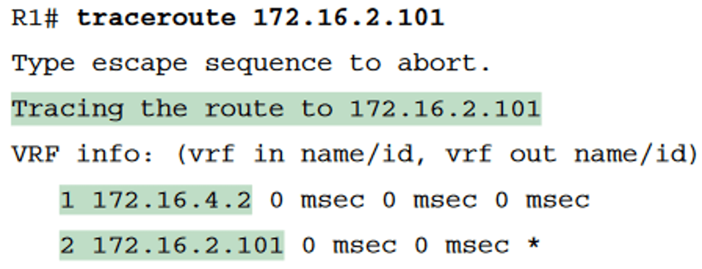 <p>-Example 18-5 lists the output of a standard traceroute command on Router R1</p><p>-Like the standard ping command, a standard traceroute command chooses an IP address based on the outgoing interface for the packet sent by the command</p><p>-So, in this example, the packets sent by R1 come from source IP address 172.16.4.1, R1's G0/0/0 IP address</p>