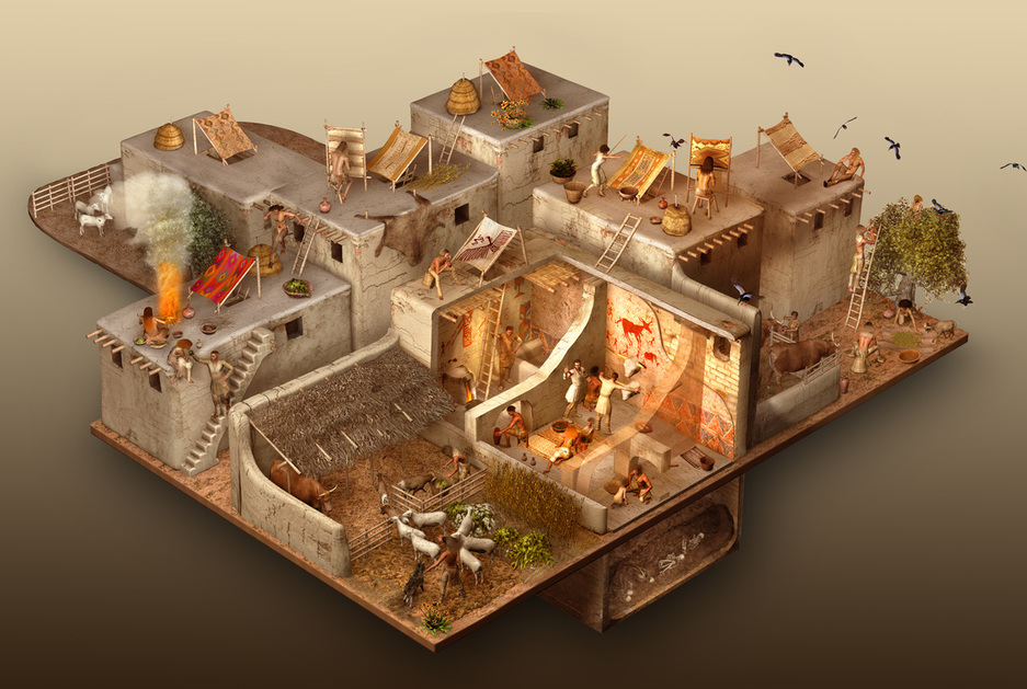 <ul><li><p>~7,400 BC (Early Neolithic Period)</p></li><li><p>Central Turkey</p></li><li><p>made of rectangular mud bricks held together w/mortar and covered in plaster</p></li><li><p>houses were an emblem of the spirit and history of the community</p></li><li><p>art decorated interiors with violent and wild scenes painted on walls</p></li><li><p>scenes highlight the dangerous interactions b/w people and animals</p></li></ul><p></p>