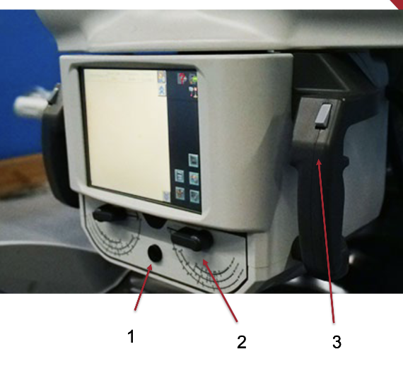 <ol><li><p>Light button</p></li><li><p>Collimator controls/knobs</p></li><li><p>Tower locks/release</p></li></ol><p></p>