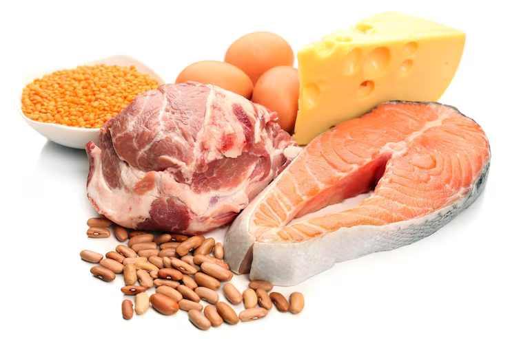 <p>(NOT a primary source of fuel) Amino acids are the building blocks forming peptide bonds (polypeptides). Made up up hydrogen and carbon as well as NITROGEN.</p><ul><li><p>(e.g.) Meats, dairy, nuts, seeds and legumes</p></li></ul><p></p>