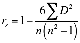 <p>r-squared = 1 - (6*sum of D-squared / n(n-squared - 1))</p>