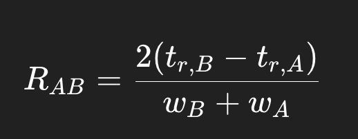 <p>t = ret time</p><p>w = baseline peak widths</p><p>larger R = better sep</p>