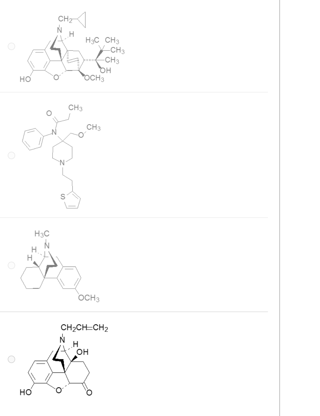 <p>The antagonist of all opioid receptor subtypes is which of these drugs?</p>