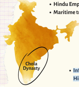 <p>● Hindu Empire- largely rejected Buddhism and Jainism</p><p>● Maritime trade with Tang China and Abbasid Caliphate</p><p>● Greatest maritime empire in India</p><p>● Influenced Southeast Asia through maritime trade and conquest</p><p>● Continued temple-building traditions of previous dynasty</p><p>● Influenced the architecture of Hindu temples in Indonesia</p><p></p>