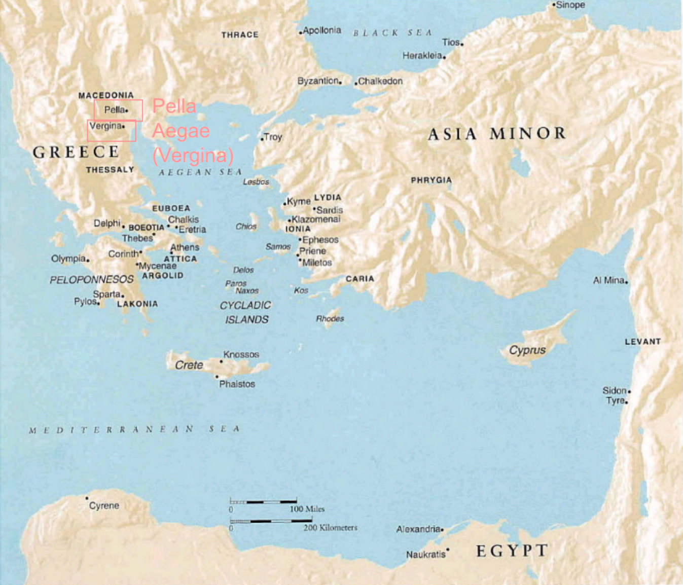 <p>In northern Greece: in Macedonia: Aegae (modern Vergina), Pella</p>