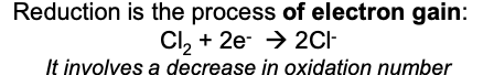 <p>gain of electrons </p>