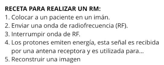 <ul><li><p><strong>Magneto</strong></p></li><li><p>Bobina de gradiente: Modifica campos extra de magnetismo, permite seleccionar la parte que queramos obtener del px. Responsable del sonido.</p></li><li><p>Antena de radiofrecuencia</p></li></ul><p></p>