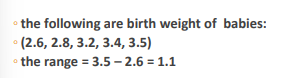 <p>range is the difference between the largest and lowest values</p>