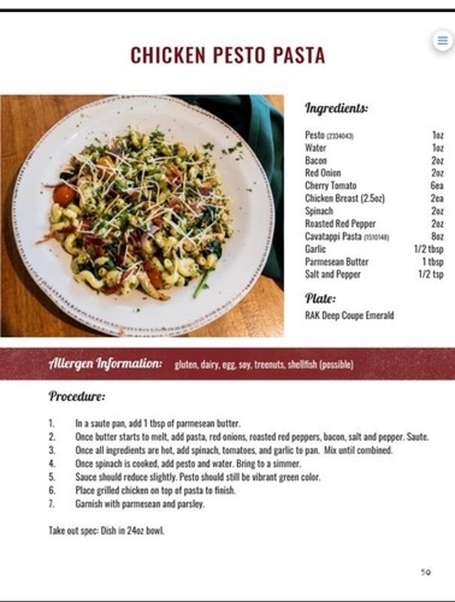 <p>cavatappi/grilled chicken/pesto/bacon/red onion/cherry tomato/</p><p>spinach/roasted red pepper/garlic/Parmesan 16.95</p>