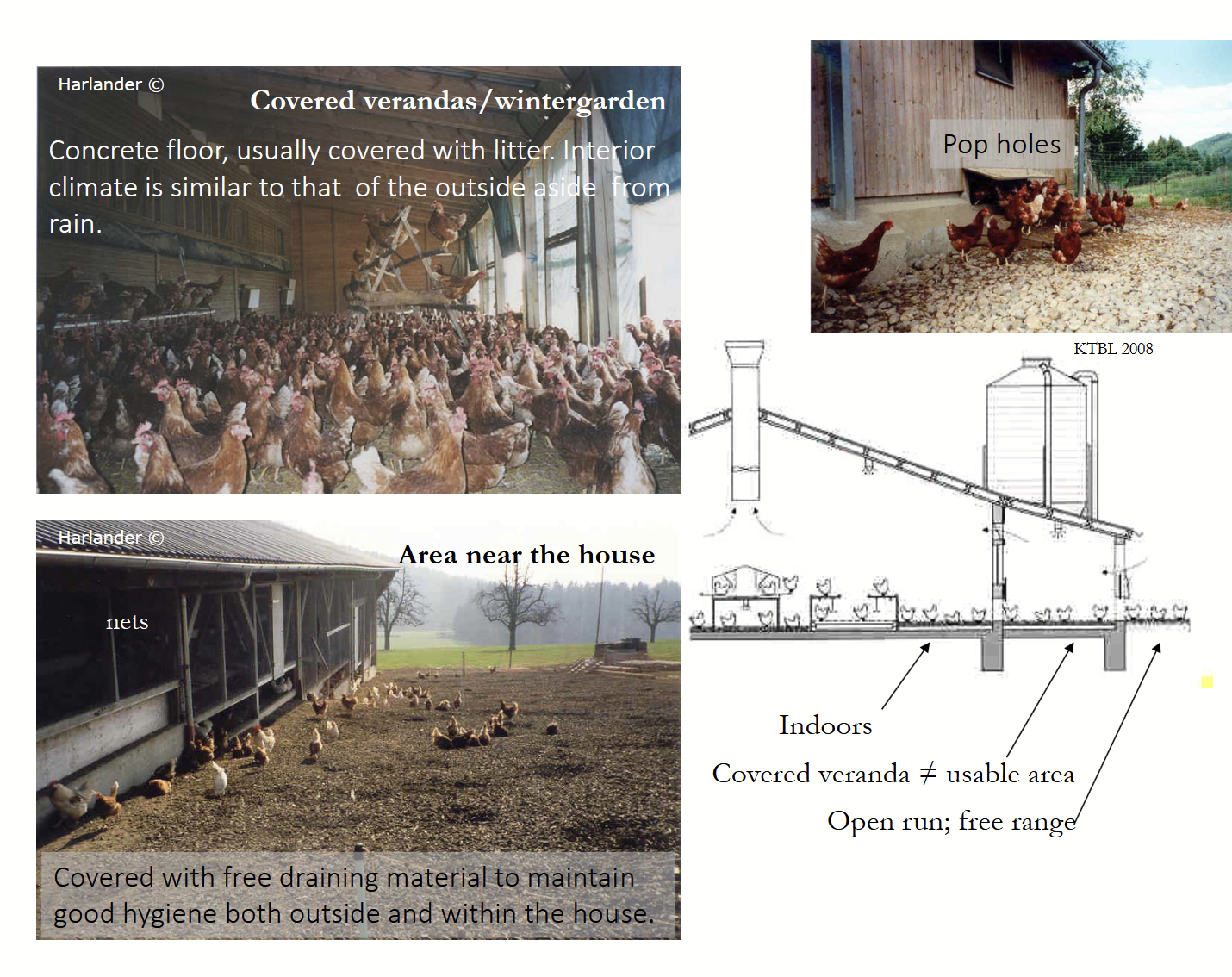 <ul><li><p>Covered verandas/wintergarden: concrete floor, usually covered with litter, interior climate is similar to that of the outside aside from rain.</p></li><li><p>Outside: covered with free draining material to maintain good hygiene both outside and within the house.</p></li></ul><p></p>