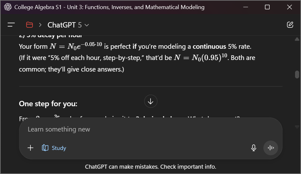 <p>Your form <span>N=N0e−0.05⋅10N = N_0 e^{-0.05\cdot 10}N=N0e−0.05⋅10</span> is perfect <strong>if</strong> you’re modeling a <strong>continuous</strong> 5% rate.<br>(If it were “5% off each hour, step-by-step,” that’d be <span>N=N0(0.95)10N=N_0(0.95)^{10}N=N0(0.95)10</span>. Both are common; they’ll give close answers.)</p>