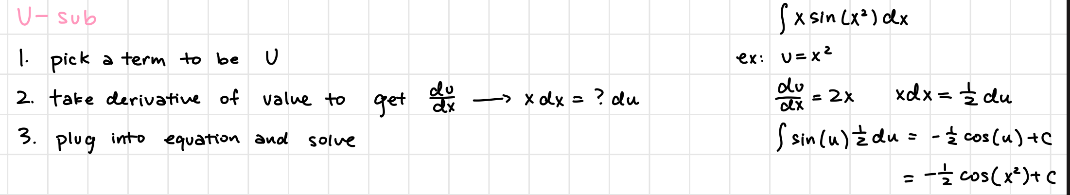 <ul><li><p class="">Substitute u</p></li><li><p class="">Find du/dx to find dx</p></li><li><p class="">Change bounds to u-values</p></li><li><p class="">Substitude dx into equation and keep u and du</p></li><li><p class="">Integrate and solve normally</p></li></ul><p></p>