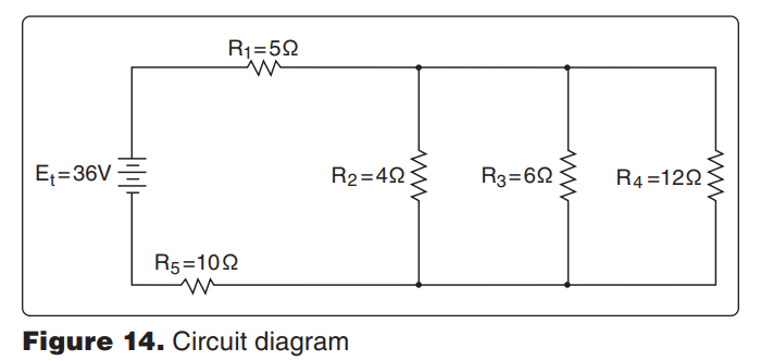 <p>8050. (Refer to Figure 14.) The total resistance of the circuit is </p><p>A—25 ohms. </p><p>B—35 ohms. </p><p>C—17 ohms</p>