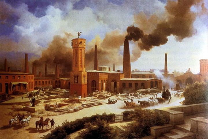 <p>The development of industries for the machine production of goods.</p>