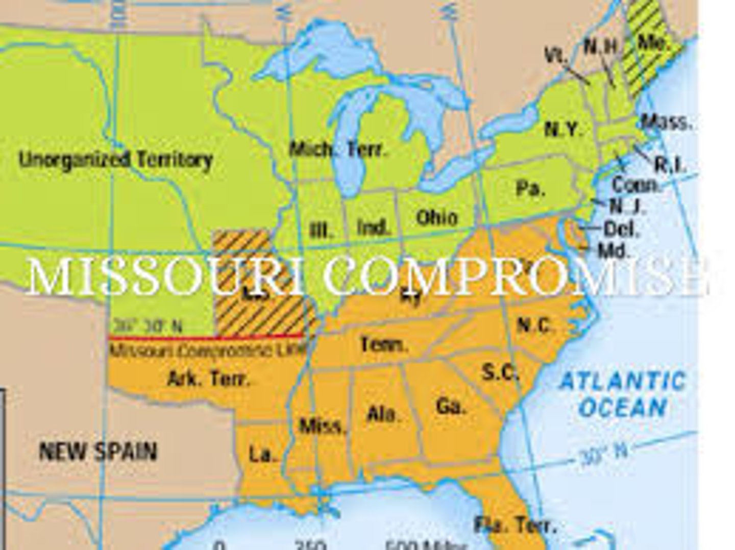 <p>Missouri = slave state; Maine = free state</p><p>One free state and one slave state brought into the Union</p><p>No slavery north of 36°30' line</p><p>Henry Clay negotiated</p>