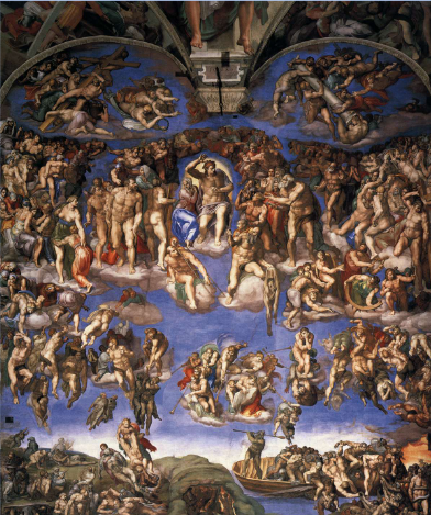 <p>Depics many martyrs, often with the way they were killed (ex, st bartholomew with the knife he was flayed with, holding his skin that has michelangelo's self portrait in it).</p>