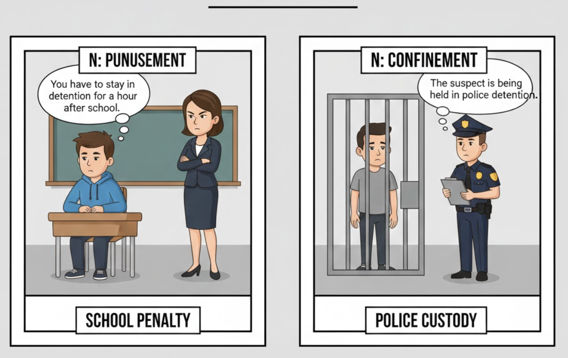 <ol><li><p> </p></li></ol><p>Sự phạt ở lại trường sau giờ học (với học sinh).</p><ol start="2"><li><p> </p></li></ol><p>Sự giam giữ, tạm giữ (bởi cảnh sát hoặc chính quyền).</p><p><strong>Dạng liên quan:</strong></p><ul><li><p><strong>Detain</strong> (Động từ: Giam giữ)</p></li><li><p><strong>Detainee</strong> (Danh từ: Người bị giam giữ)</p></li></ul><p></p>