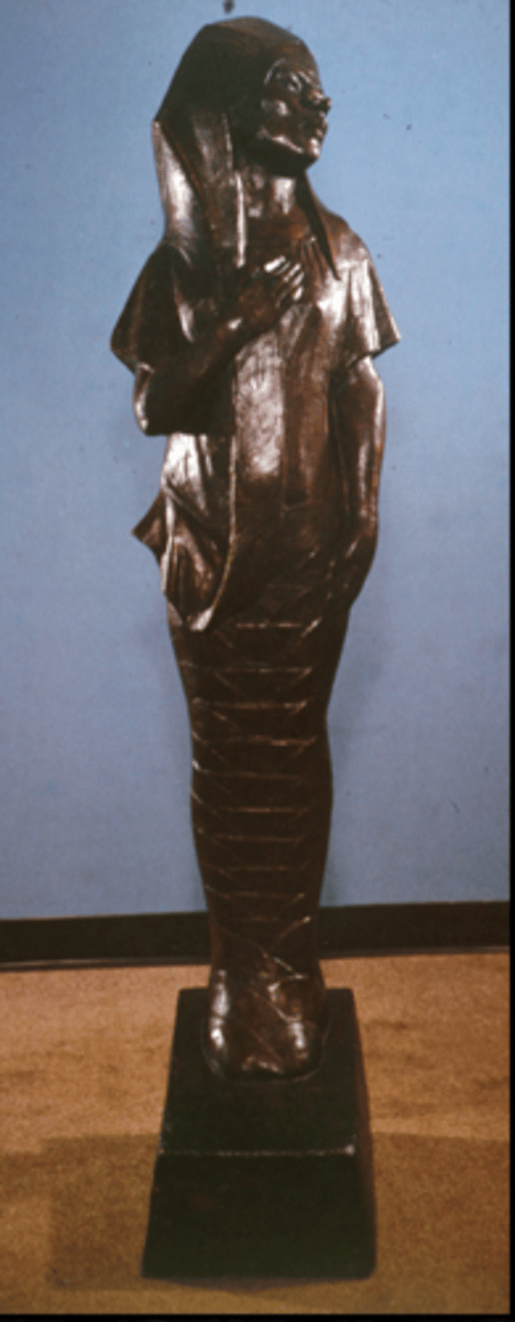 <p>Meta Warrick Fuller, one of most important Black sculptors during 1920's, relates to Black modernism, Pan-Africanism, artists became interested in Black cultural items, 67 inches tall, made of bronze but painted black, work was commissioned by poet, the clothing and posture contribute to meaning, Egypt and Ethiopia often overlapped</p>
