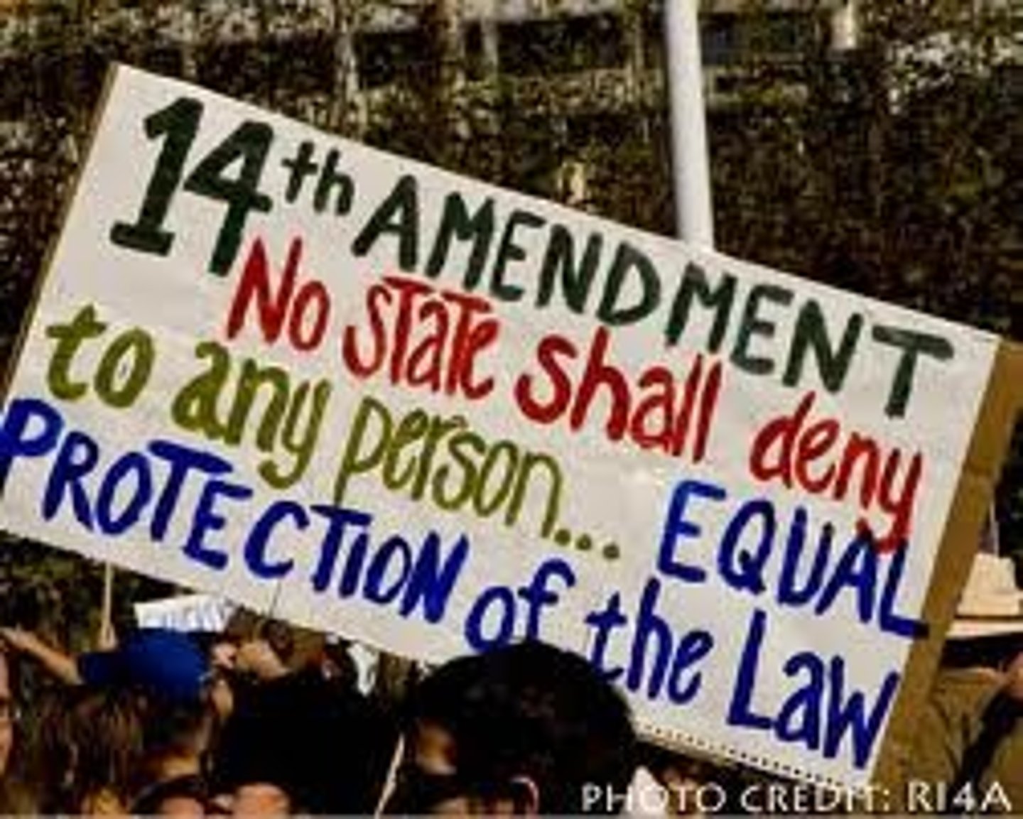 <p>Ratified in 1868, this Constitutional amendment, declares that all persons born or naturalized in the United States were citizens, and it obligated the states to respect the rights of U.S. citizens and provide them with "equal protection of the laws" and "due process of law". Other parts of the amendment related to Congress' plan for Reconstruction. (p. 295)</p>