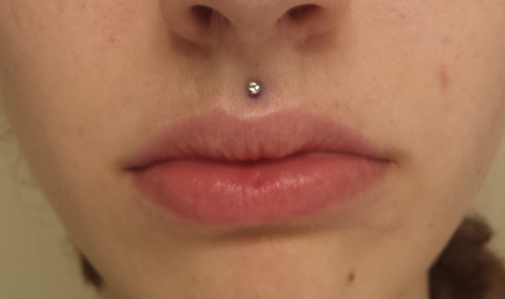 <p>Philtrum </p><p>(I put an image with a piercing, so its easier to see)</p><p>(<mark data-color="yellow" style="background-color: yellow; color: inherit">Note this is parenthesis shaped</mark>) </p>