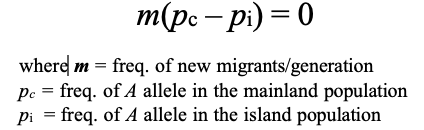 <p>Thus: migration does not change the allele frequencies when m = 0 and when the frequency of the A allele is the same in both populations</p>
