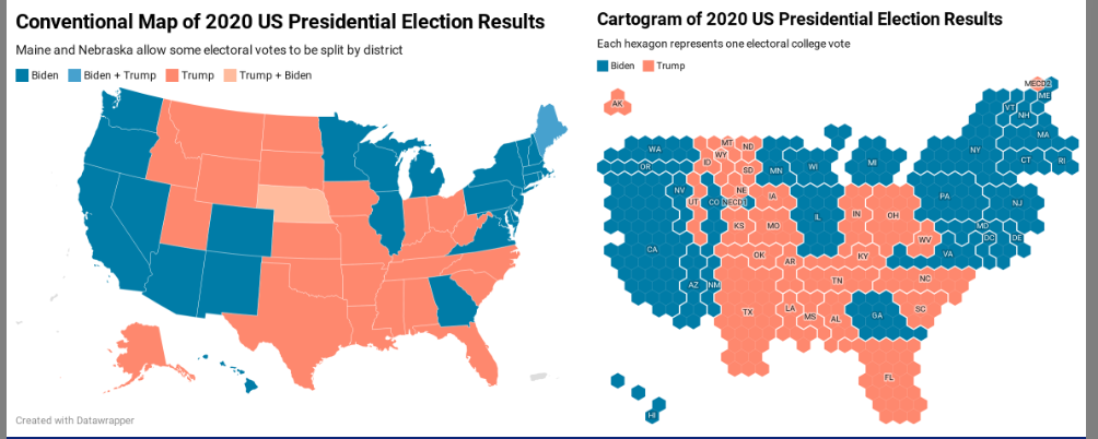 <ul><li><p>uses geographic positioning but purposefully represents map regions that do not necessarily correspond to land area</p></li></ul><p></p>