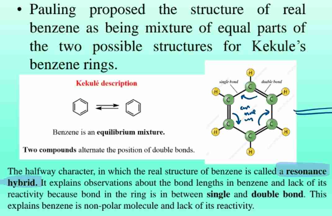 <p>Proposed by Pauling; explains benzene's stability and uniform bond lengths between single and double bonds.</p>