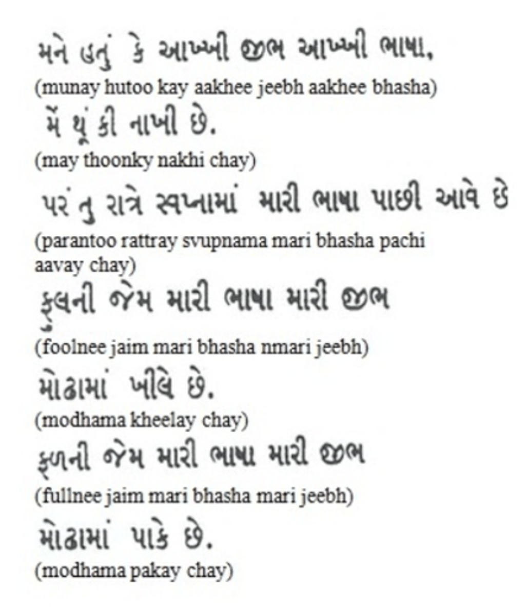 <p>- Gujarati script + anglicised pronunciation underneath</p><p>- Gujarati stanza in middle of poem - central - this is the language at her core</p><p>- She is sharing her uncomfortable experience with the reader, as the (target) reader cannot read Gujarati - we feel lost like Bhatt does - uncertainty</p>