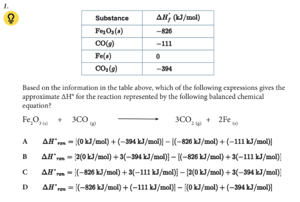<p>Based on the information in the table above, which of the following expressions gives the approximate ∆H° for the reaction represented by the following balanced chemical equation?</p>