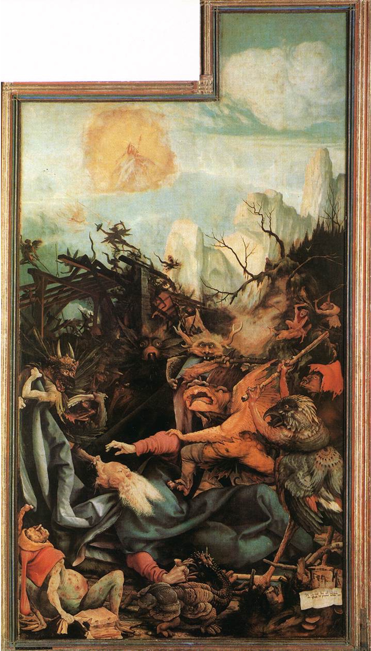 <p>NAME - TITLE - DATE - MEDIUM - LOCATION</p><p><strong>1) What are the five temptations and what are they doing to St Anthony</strong></p><p><strong>2) What disease is this altarpiece symbolizing?</strong></p>