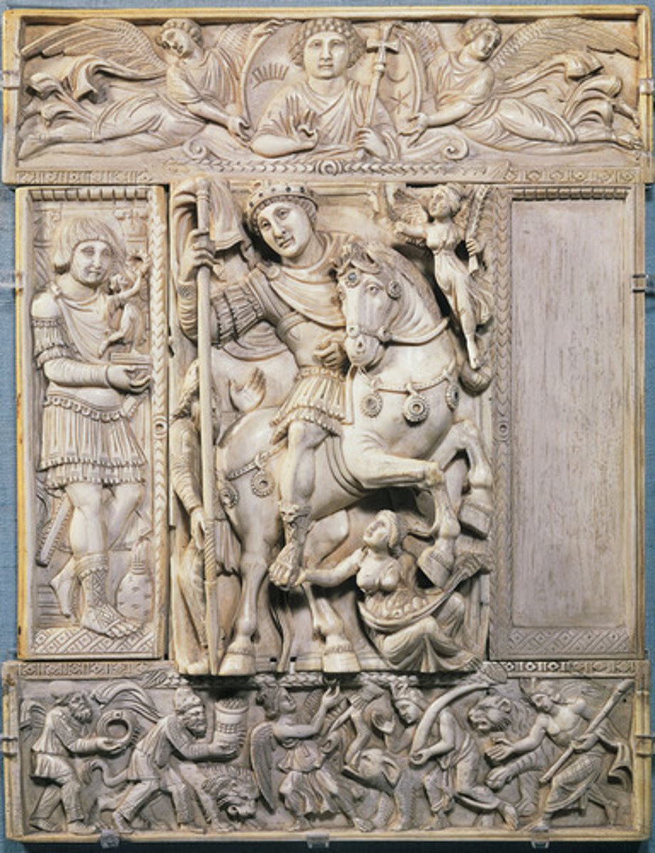 <p>has five separate pieces. The center shows an emperor on horseback. To the left a consul in military costume, and above shows Christ with two attending angels, the one below shows a Gothic and Indian emissary</p>