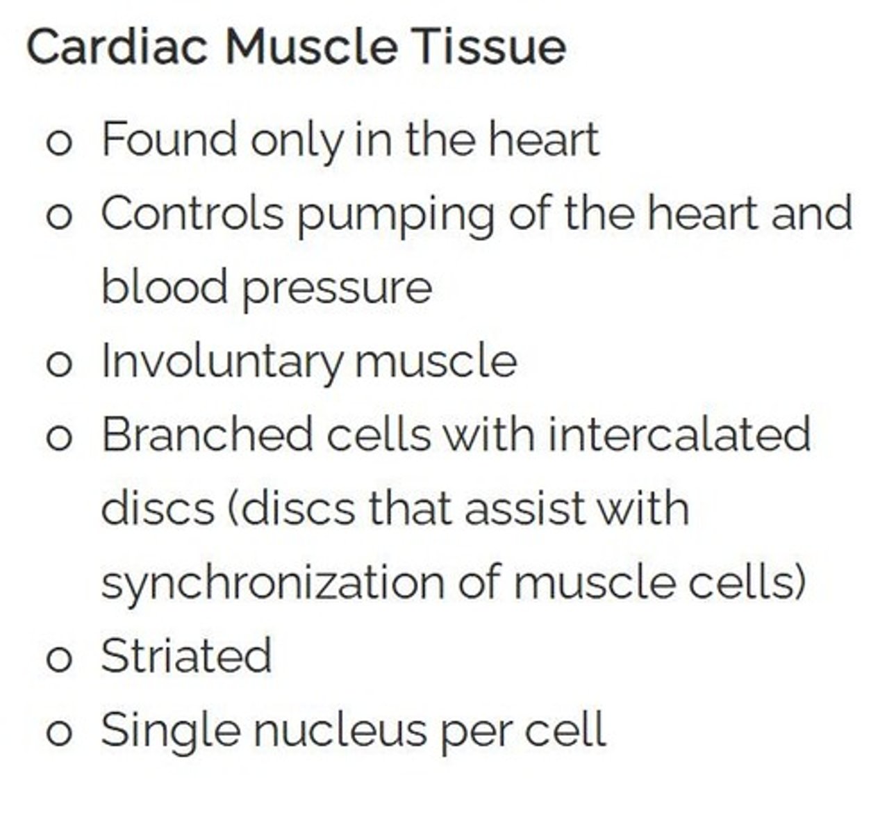 <p>the principal involuntary-muscle tissue of the vertebrate heart made up of striated fibers joined at usually branched ends and functioning in synchronized rhythmic contraction</p>