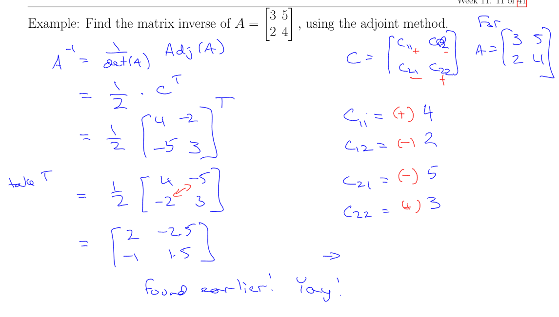 <p>A<sup>−1</sup> = 1/det(A)Adj(A) where Adj(A) is a new matrix, based on determinants. </p><p>Adj(A) = CT, where: </p><ul><li><p>The T indicates a transpose, or a reflection of values across the diagonal. </p></li><li><p>The C matrix is the cofactor matrix of A, which is defined element-by-element as Cij = (−1)i+j det(Mij), and </p></li><li><p>Mij is the sub-matrix of A with row i and column j removed</p></li></ul><p></p>