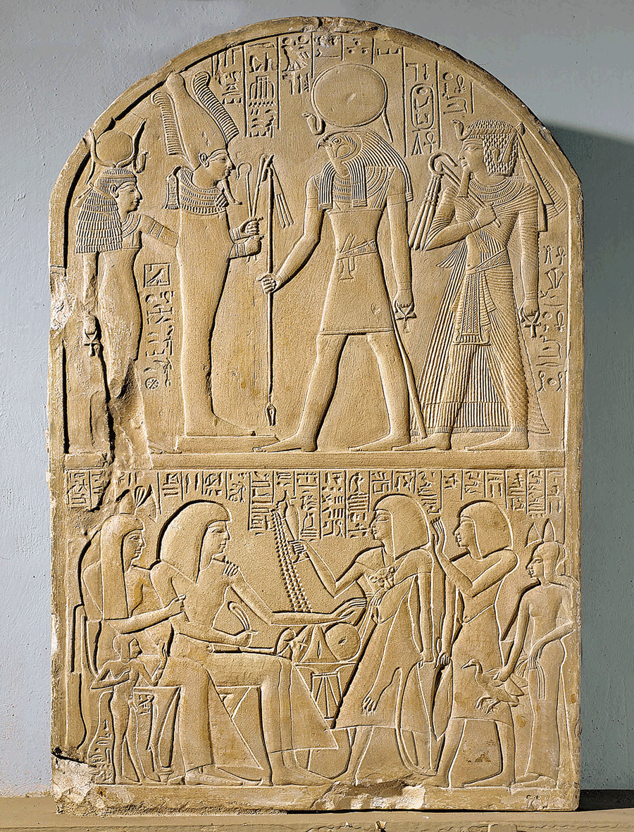 <p>In the Egyptian stele shown, the imagery is organized in which of the following ways?<br>A. As a diptych framed by an outline<br>B. As composite figures placed in registers<br>C. As a continuous narrative displayed in columns<br>D. As multiple scenes presented in one-point perspective</p>