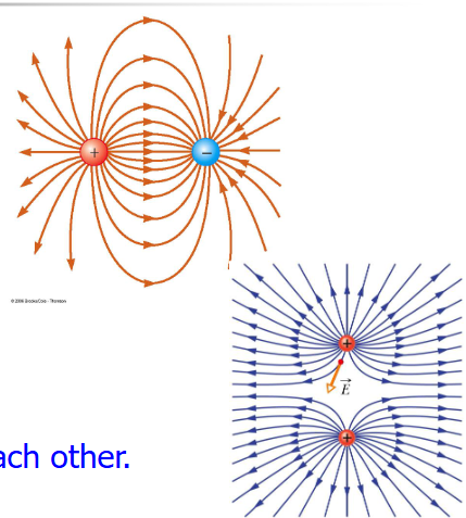 <ul><li><p>electric dipole = 2 equal and opposite charges</p></li><li><p>the high density of lines between the charges indicates the strong electric field in this region</p></li><li><p>no two field lines can cross each other</p></li></ul><p></p>