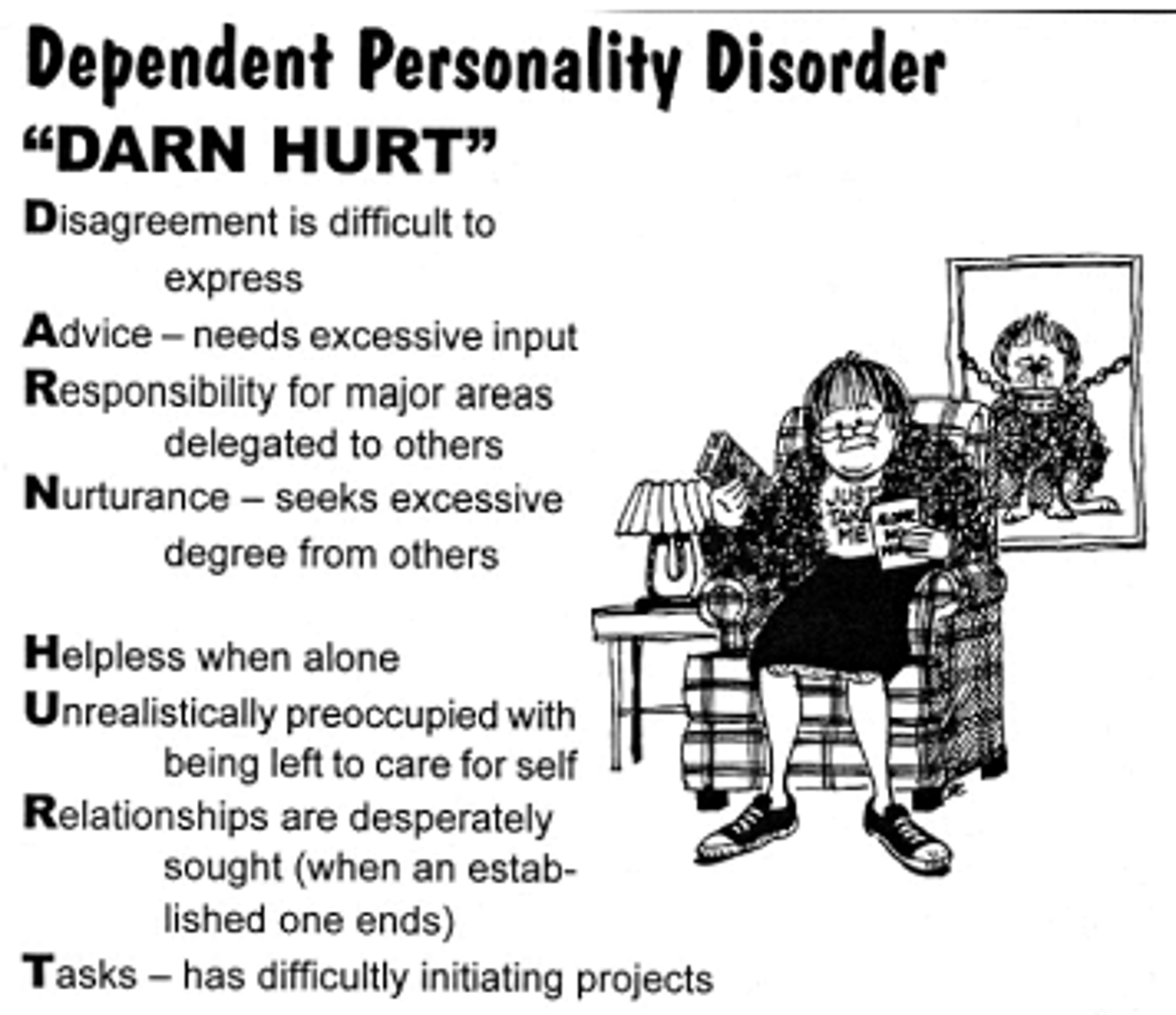 <p>A personality disorder characterized by a pattern of clinging and obedience, fear of separation, and an ongoing need to be taken care of.</p>