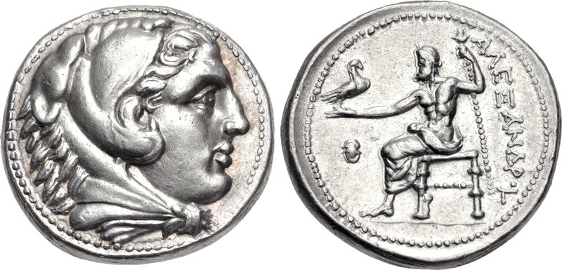 <p>Macedonian silver tetradrachm minted in Pella - Head of Herakles/Seated Olympian Zeus, c. 315-308 BCE</p>