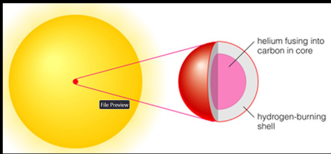 <p>At the core: Helium is being fused into Carbon at the core, and in the shell there is Hydrogen fusion</p><p>In the outer layers: Star shrinks and becomes slightly less luminous, but the surface temperature increases, moves to Horizontal Branch</p>