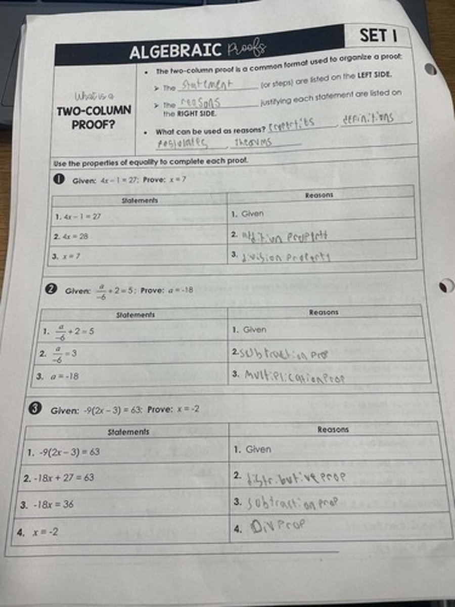 <p>The Statement and the reasons justifying each statement are listed on the LEFT SIDE and the RIGHT SIDE.</p>